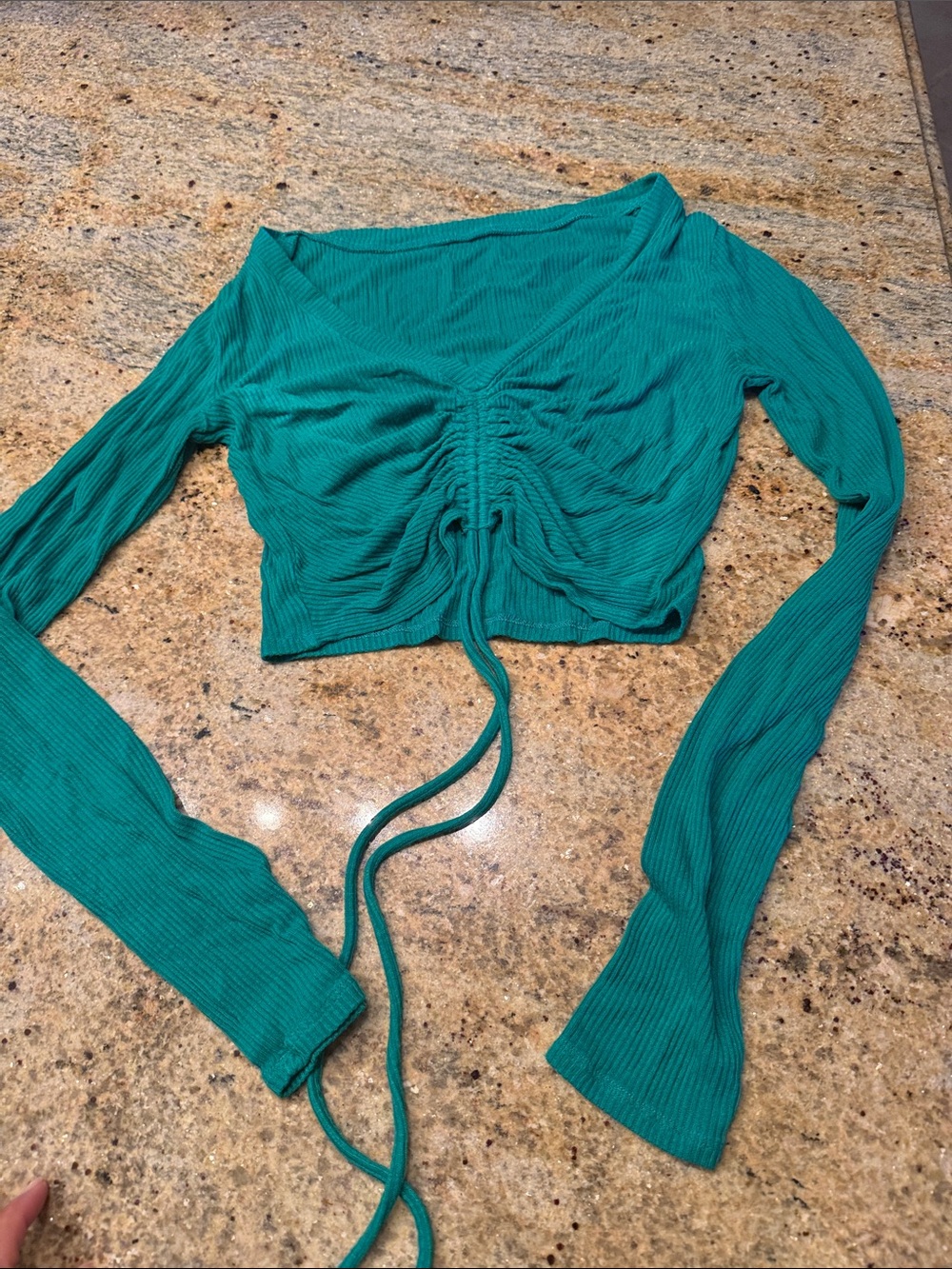 ALO Yoga Teal Ruched Drawstring Long Sleeve Crop Top
